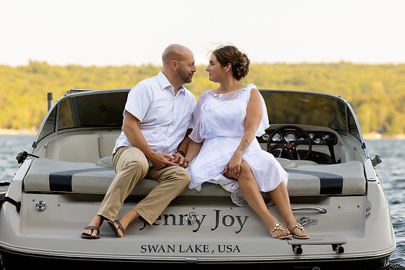 Romantic sunset portraits on Swan Lake waterfront in Maine
