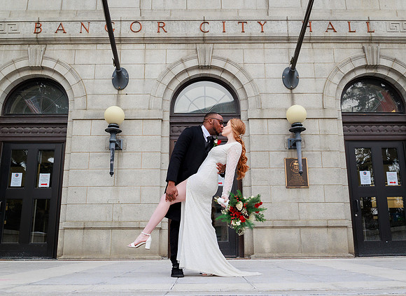 Mixed race couple wedding Bangor, Maine City Hall winter elopement